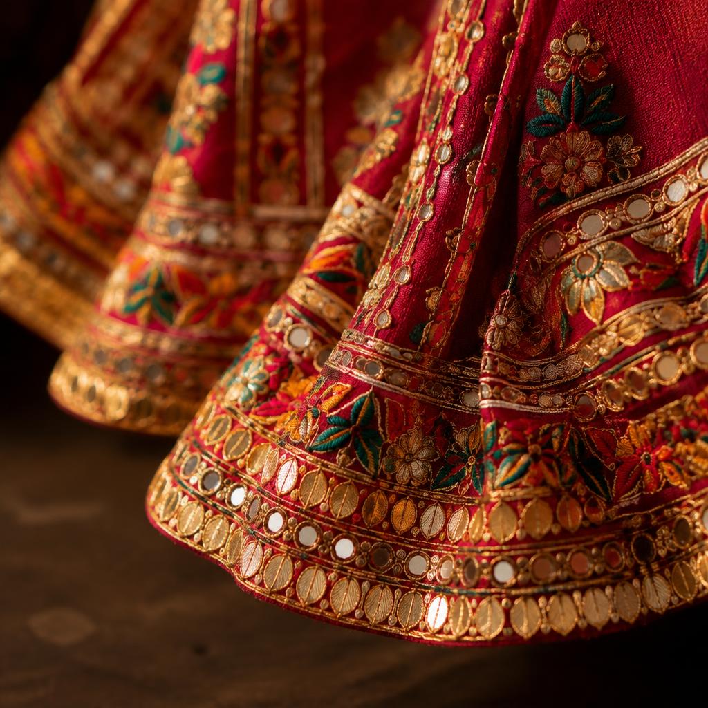 Lehenga hem border with gota and mirror work